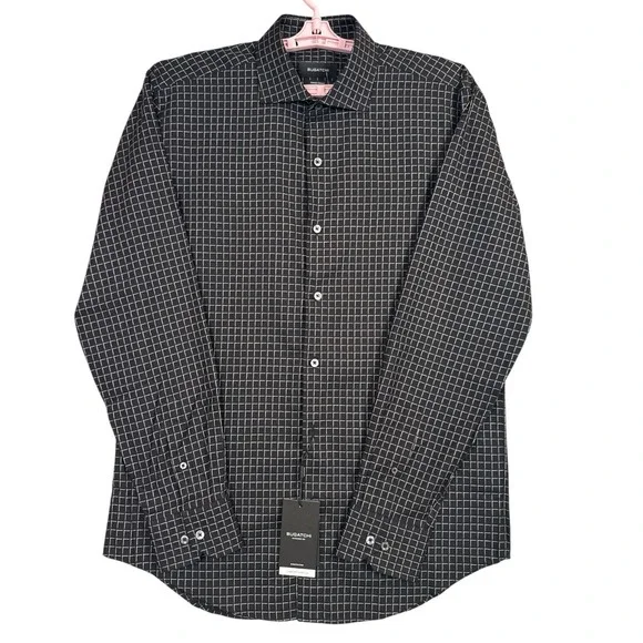 NWT Bugatchi Men's Axel Gingham Check Button-Up Shirt Comfort Stretch 15.5 34/35